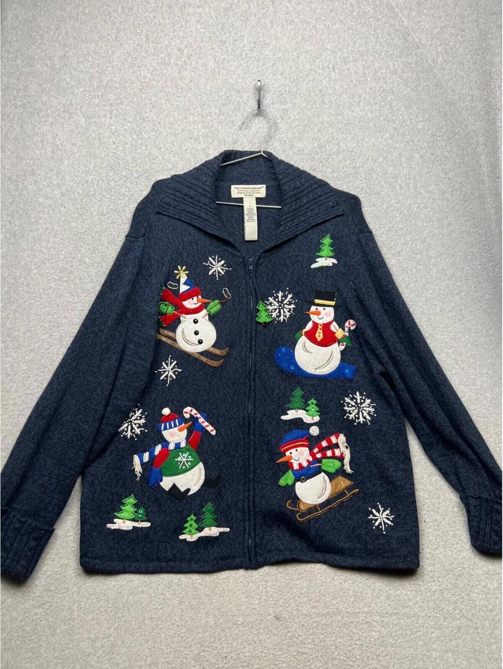 VTG Tiara International Christmas Ugly Sweater Cardigan 2X Embroidered Ski Snow